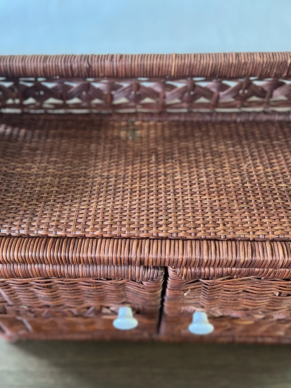 Vintage Brown Rattan Wicker Shelf Cabinet Charming Boho or Cottagecore Decor